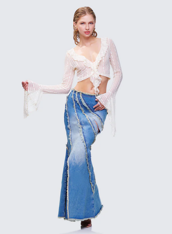 Finesse Briony Blue Denim Frayed Maxi Skirt
