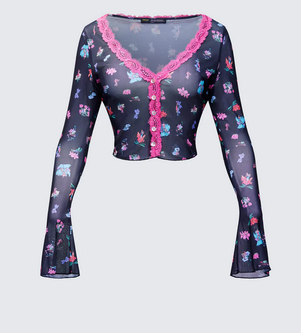 Finesse Aurelia Black Printed Mesh Top