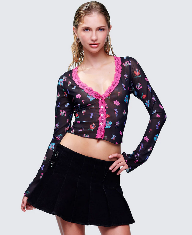 Finesse Aurelia Black Printed Mesh Top