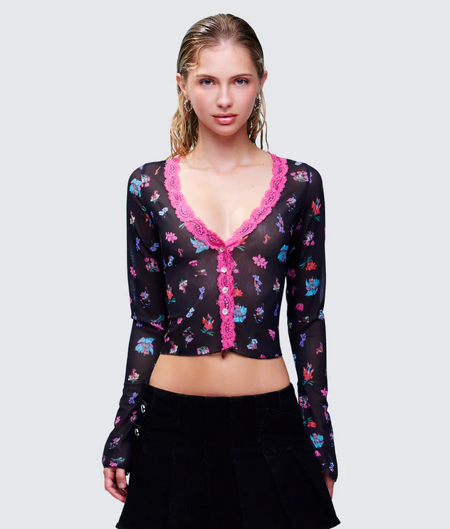 Finesse Aurelia Black Printed Mesh Top