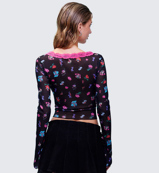 Finesse Aurelia Black Printed Mesh Top