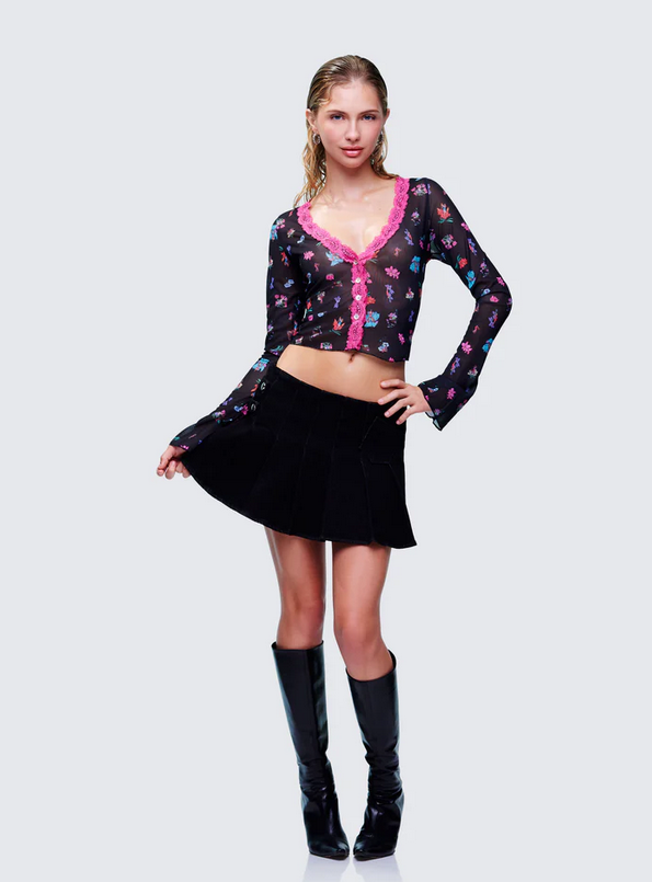Finesse Aurelia Black Printed Mesh Top
