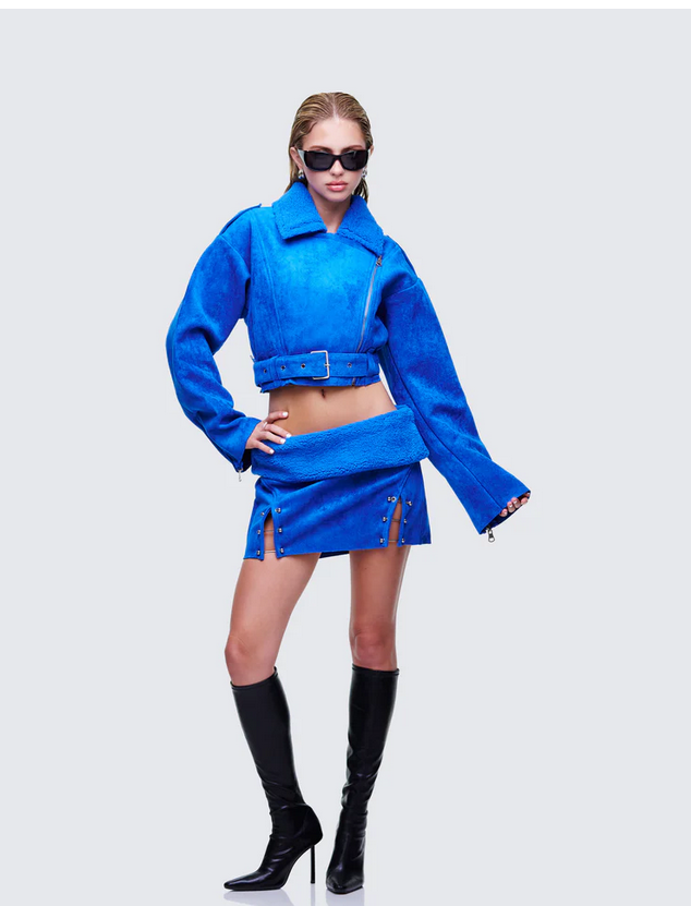 Finesse Ramona Blue Vegan Shearling Mini Skirt