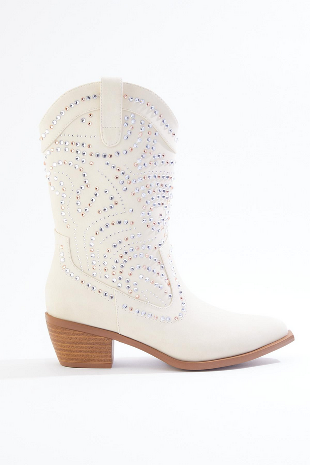 Cato Fashions Rhinestone Embellished Cream Western Boots