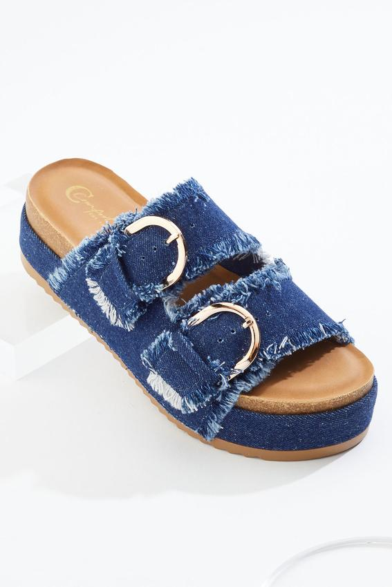 Cato Fashions Wide Width Double Buckle Denim Platform Sandals