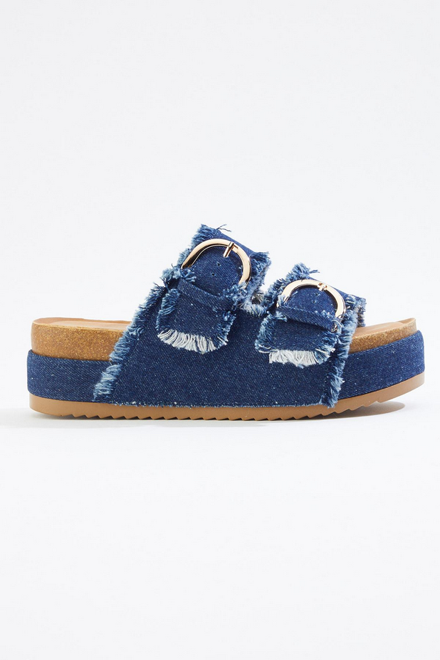 Cato Fashions Wide Width Double Buckle Denim Platform Sandals
