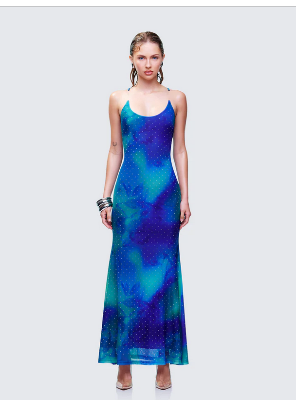 Finesse Naya Blue Printed Mesh Maxi Dress