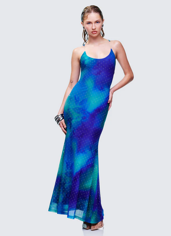 Finesse Naya Blue Printed Mesh Maxi Dress
