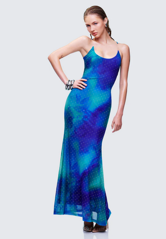 Finesse Naya Blue Printed Mesh Maxi Dress