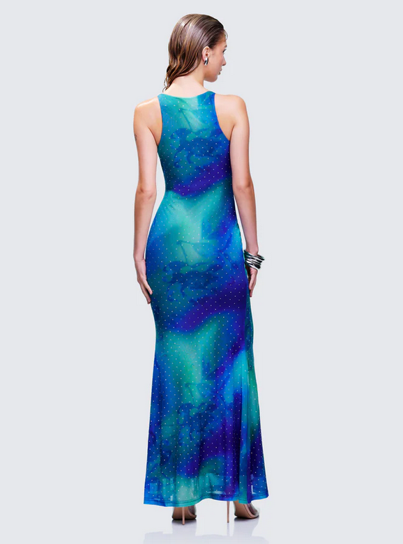 Finesse Naya Blue Printed Mesh Maxi Dress
