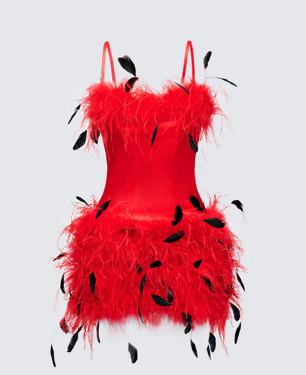 Finesse Meadow Red Feather Backless Mini Dress