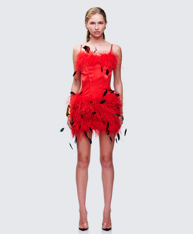 Finesse Meadow Red Feather Backless Mini Dress