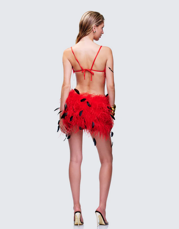 Finesse Meadow Red Feather Backless Mini Dress