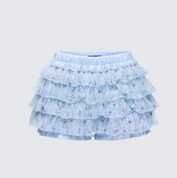 Finesse Love Hand Beaded Rhinestone Baby Blue Ruffle Short