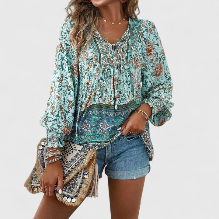 Nabalu Women’s V-Neck Tie Front Blouse – Long Sleeve Relaxed Fit Top
