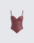 Finesse Sway Burgundy Leather Look Gold Trim Corset Top