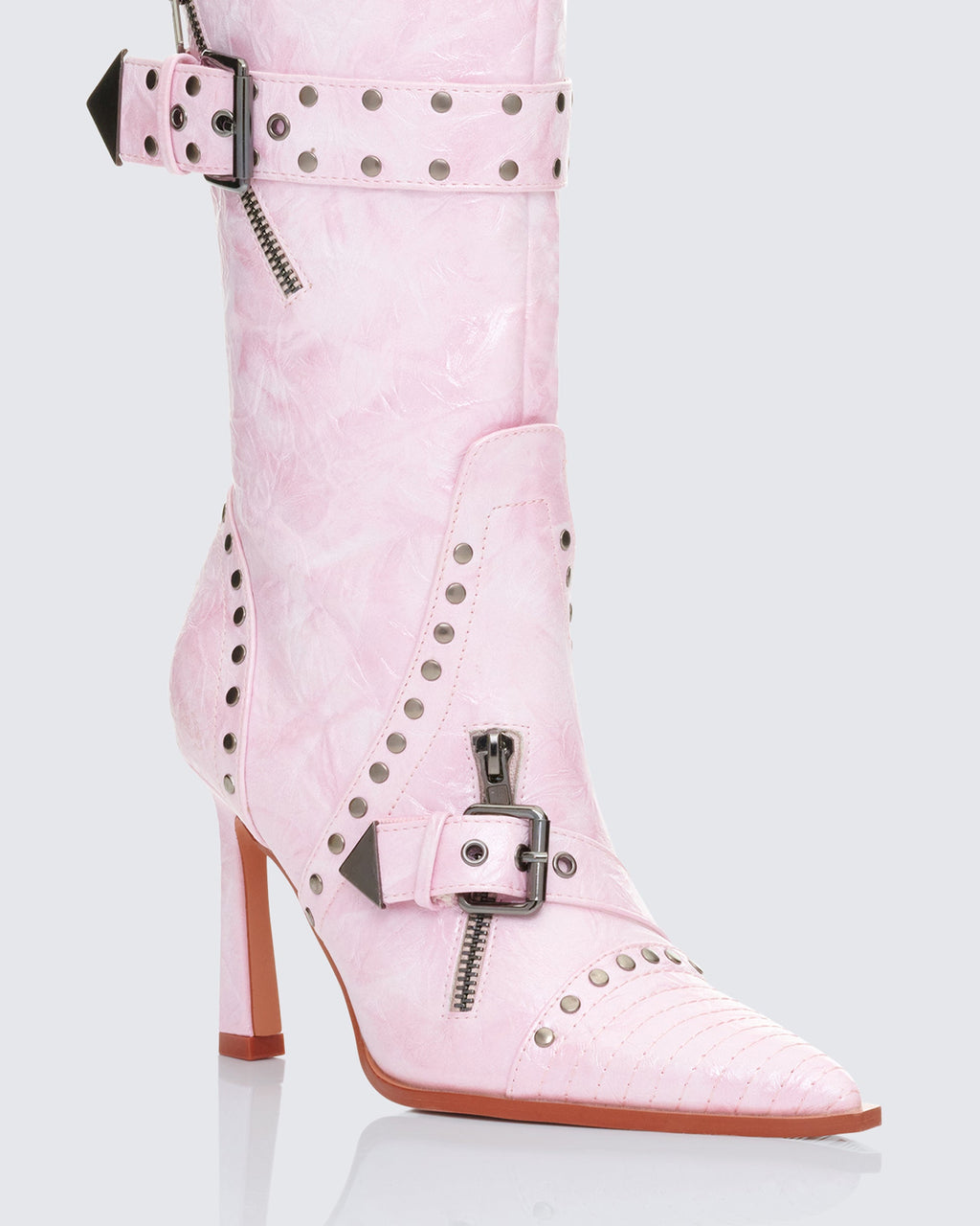 Finesse Talyah Pink Burnished Knee High Biker Boots