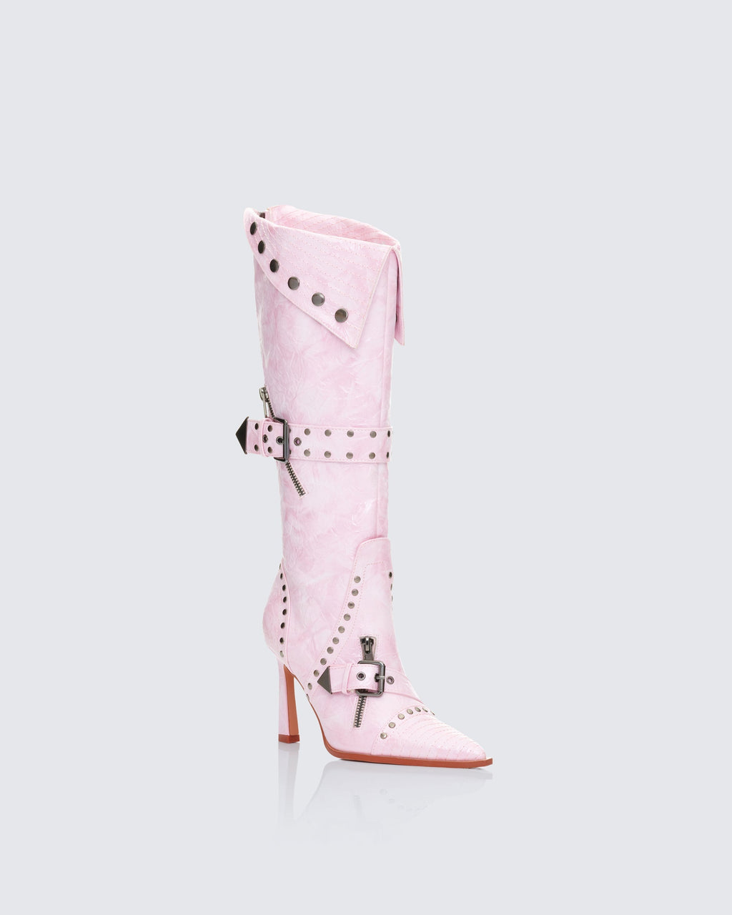 Finesse Talyah Pink Burnished Knee High Biker Boots