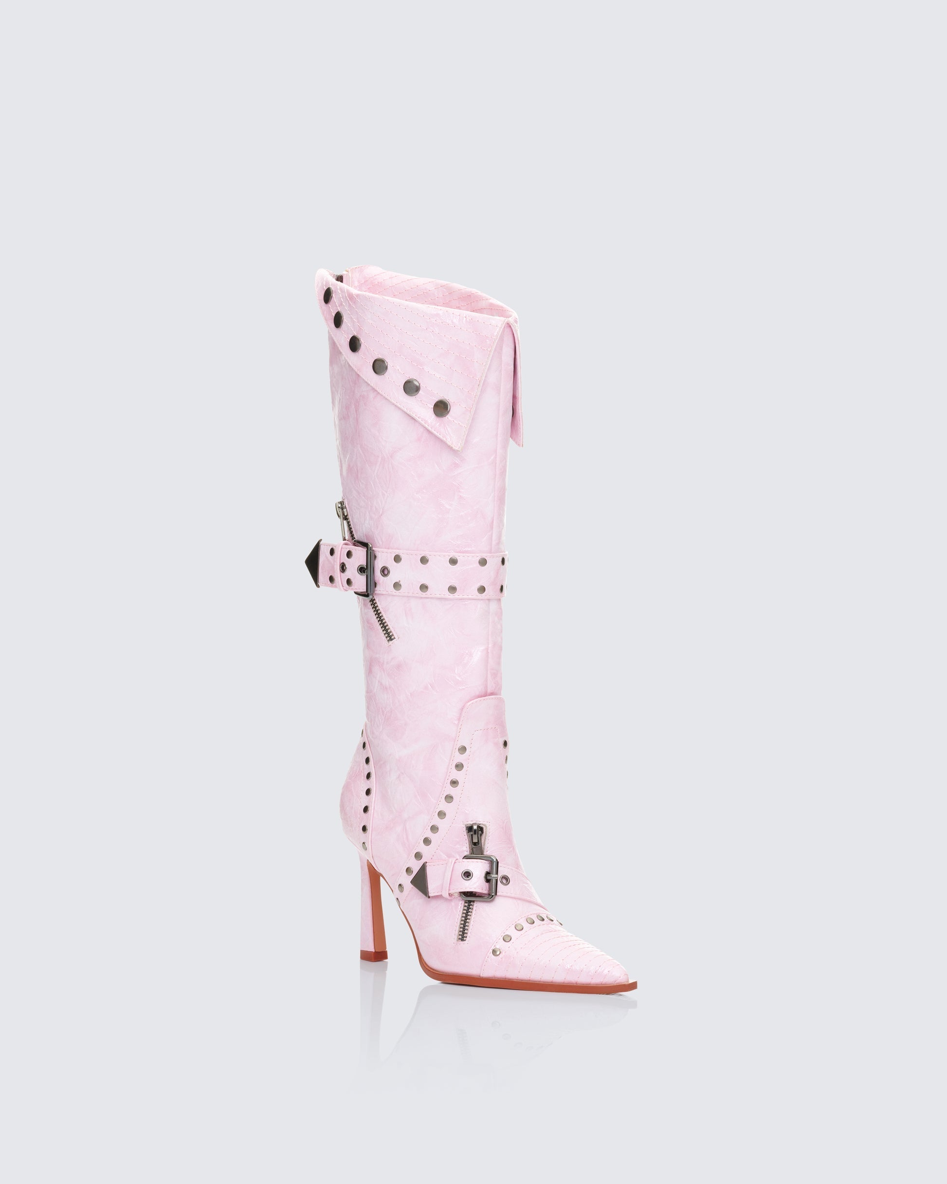 Finesse Talyah Pink Burnished Knee High Biker Boots
