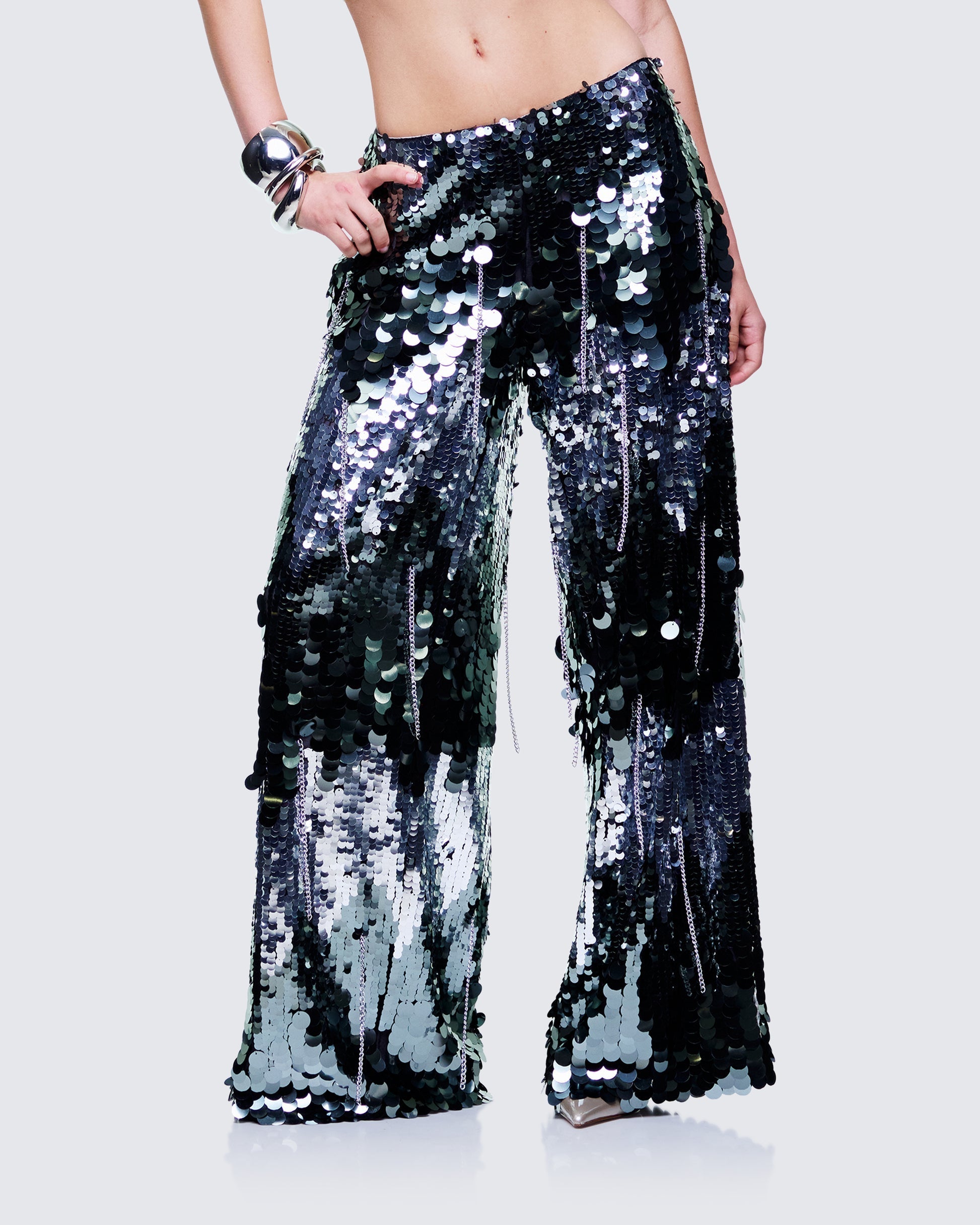 Finesse Tiva Silver Sequin High Waisted Pants