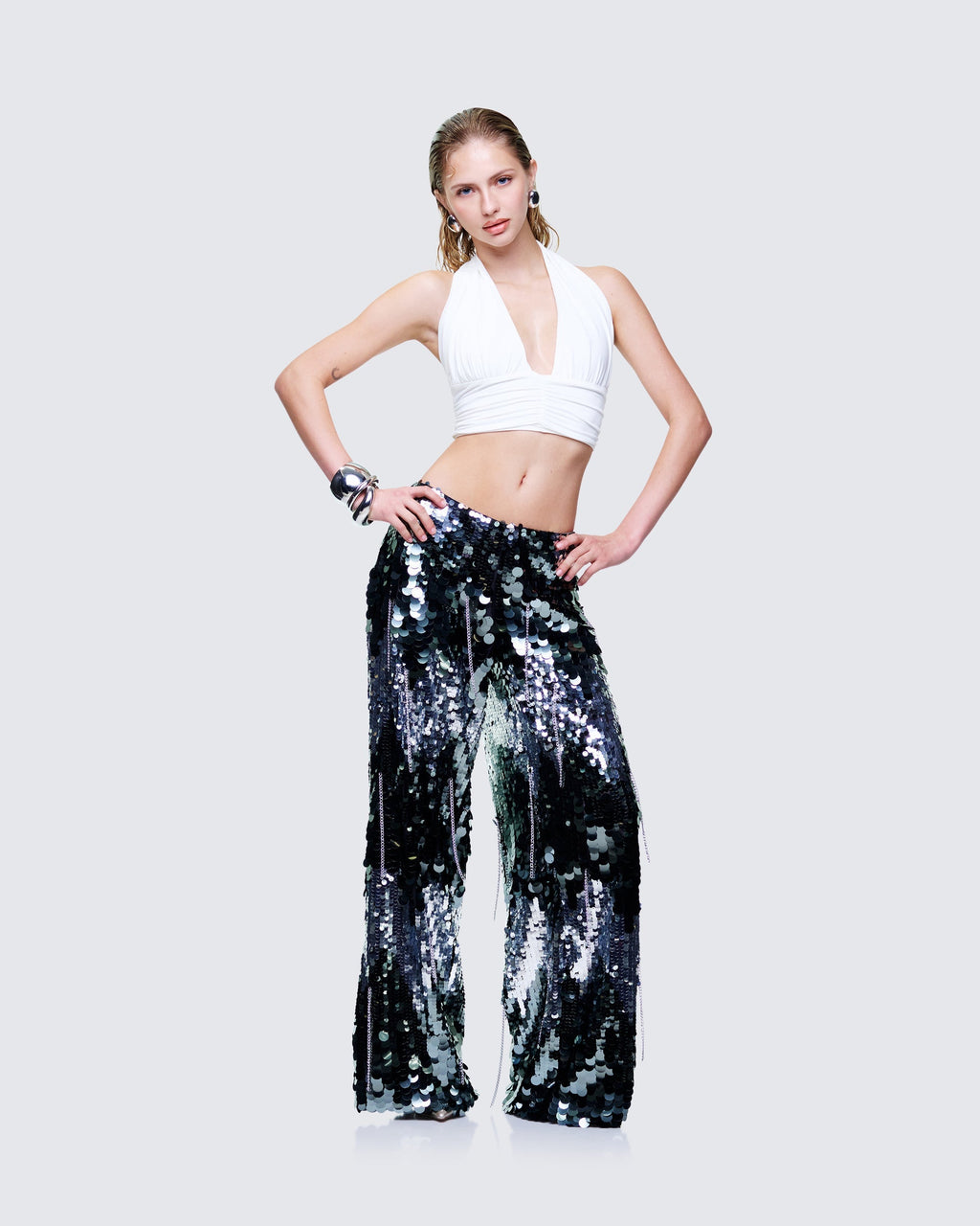 Finesse Tiva Silver Sequin High Waisted Pants