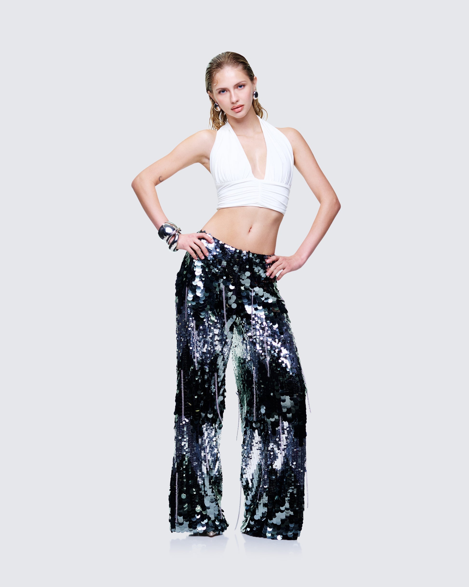 Finesse Tiva Silver Sequin High Waisted Pants