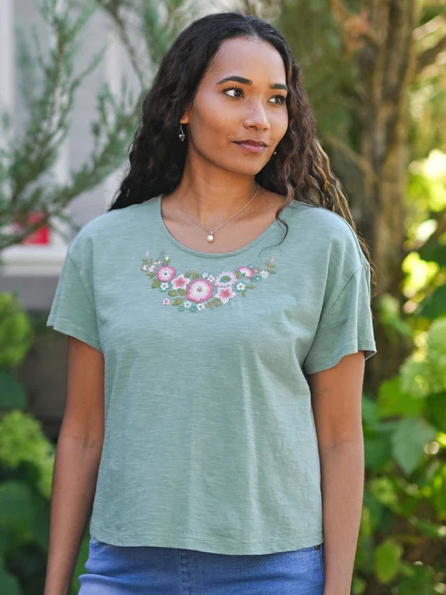 April Cornell Floral Whimsy T-Shirt - Soft Teal