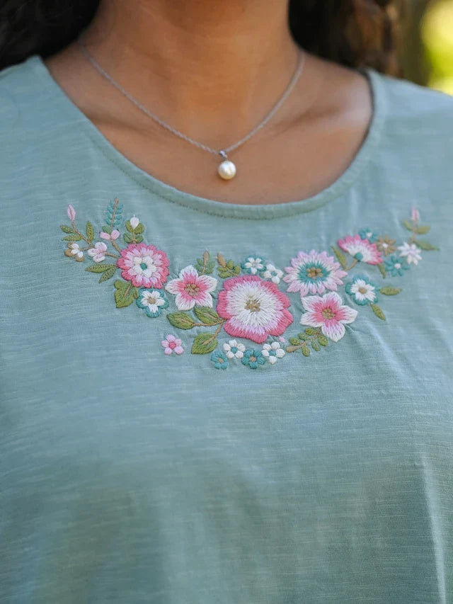 April Cornell Floral Whimsy T-Shirt - Soft Teal