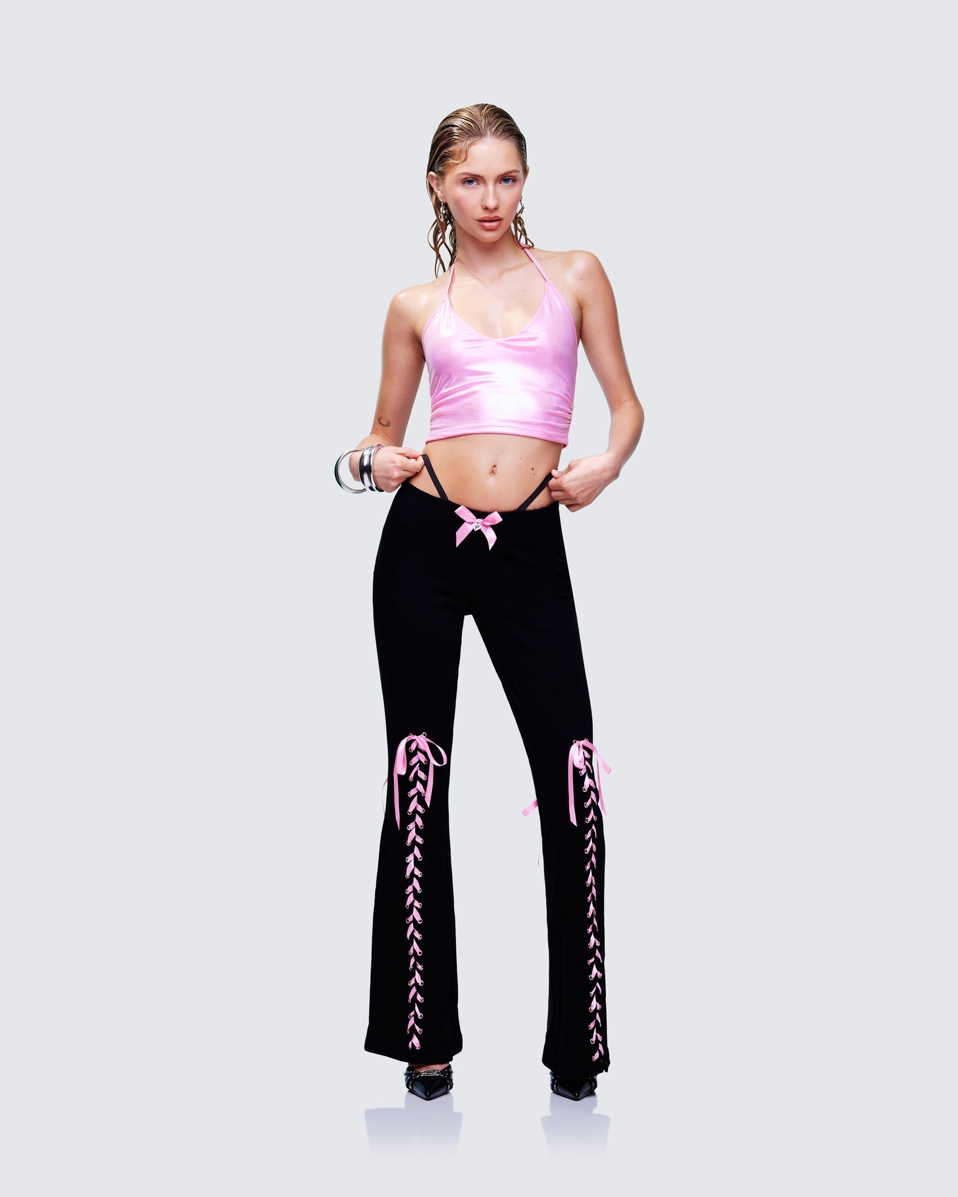 Finesse Vashti Black Ribbon Laced Sweatpants