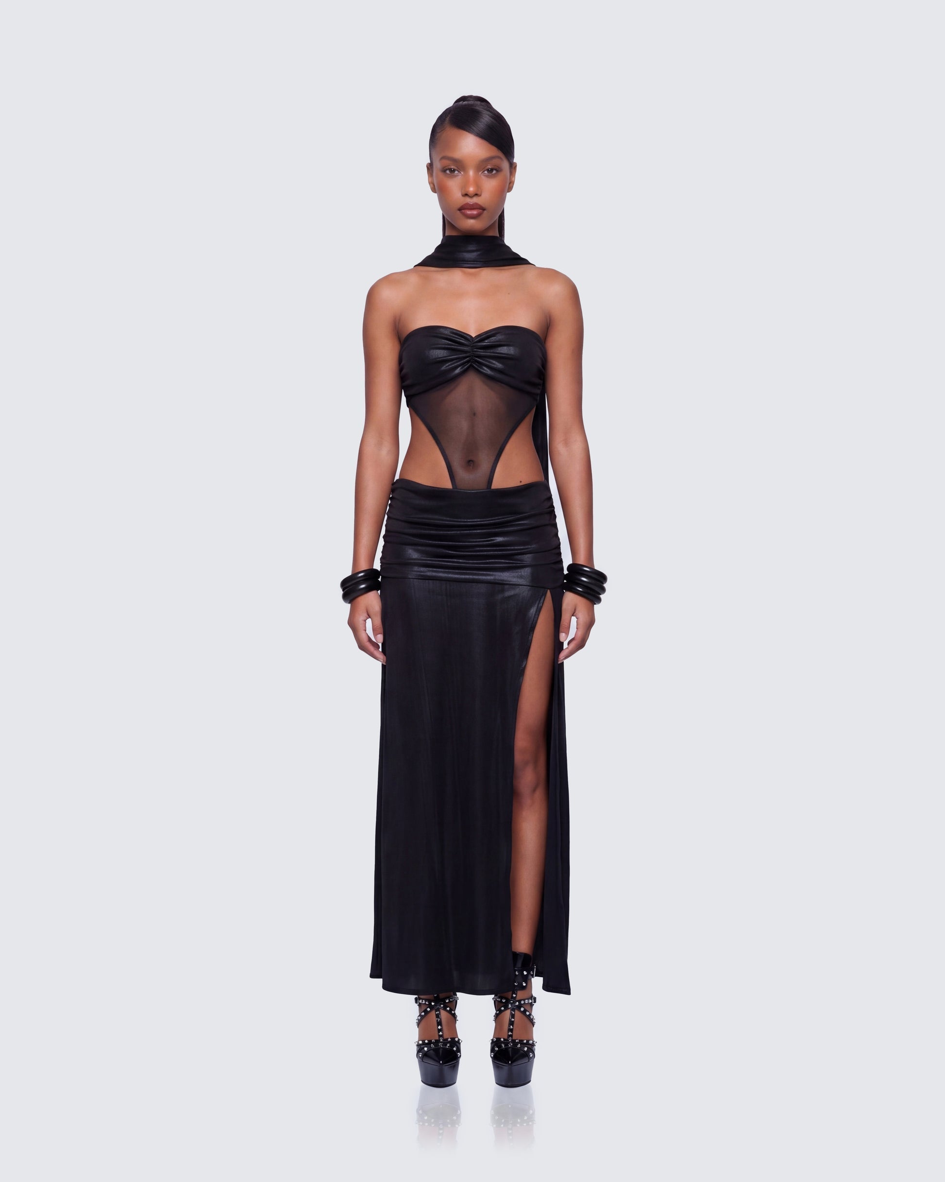 Finesse Vesper Black Metallic Scarf Detail Dress