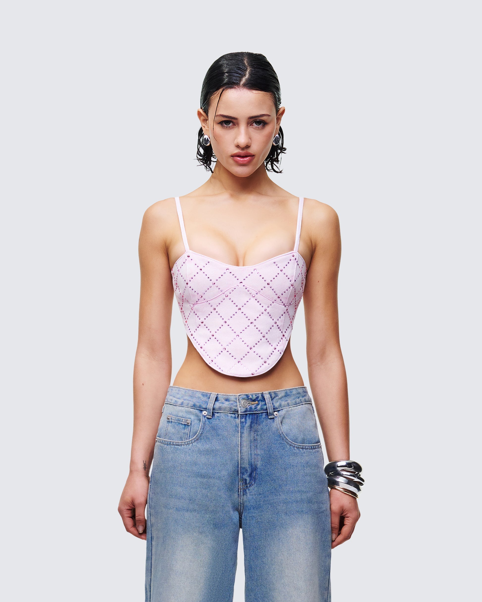 Finesse Viora Pink Acid Denim Diamonte Corset Top