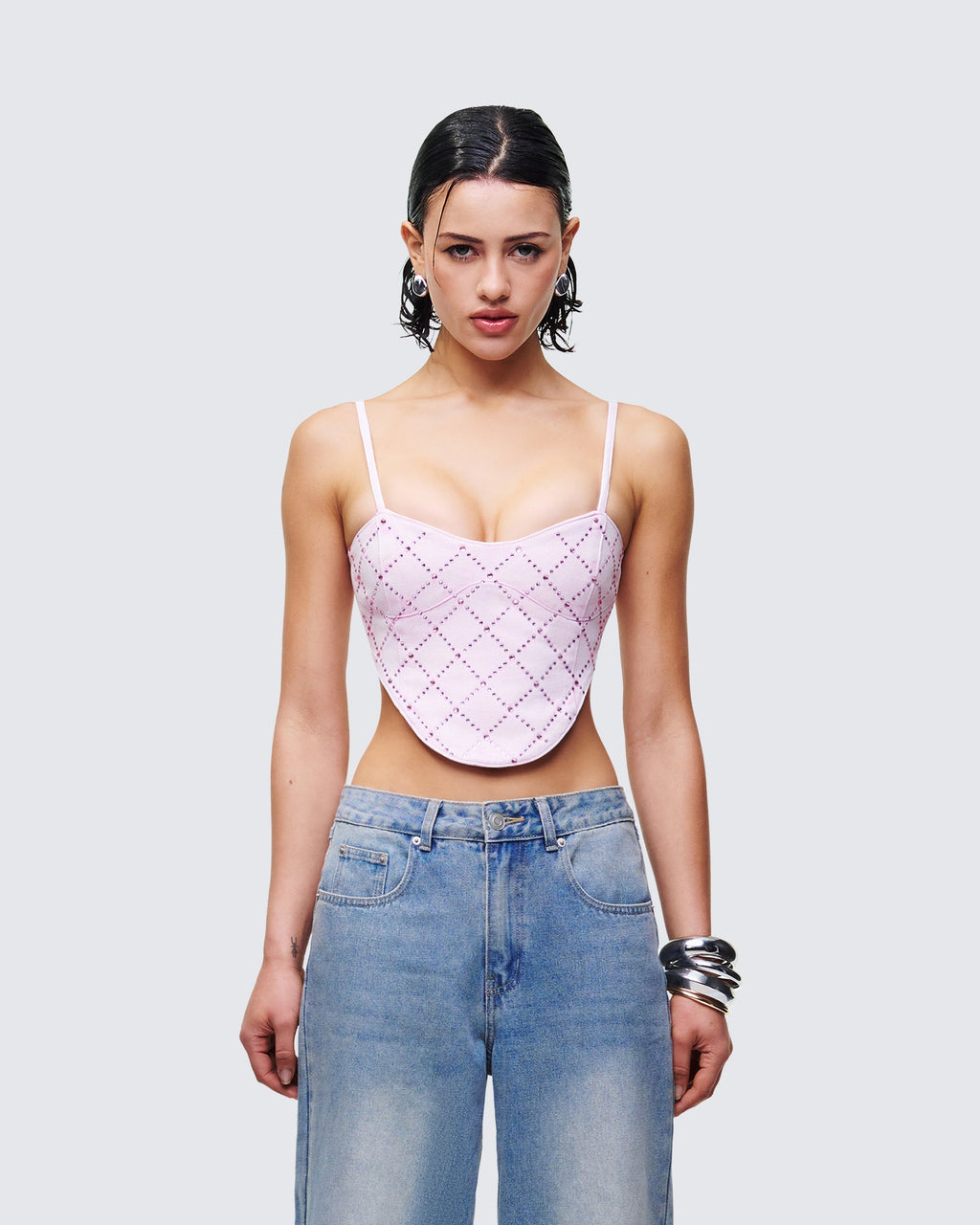 Finesse Viora Pink Acid Denim Diamonte Corset Top