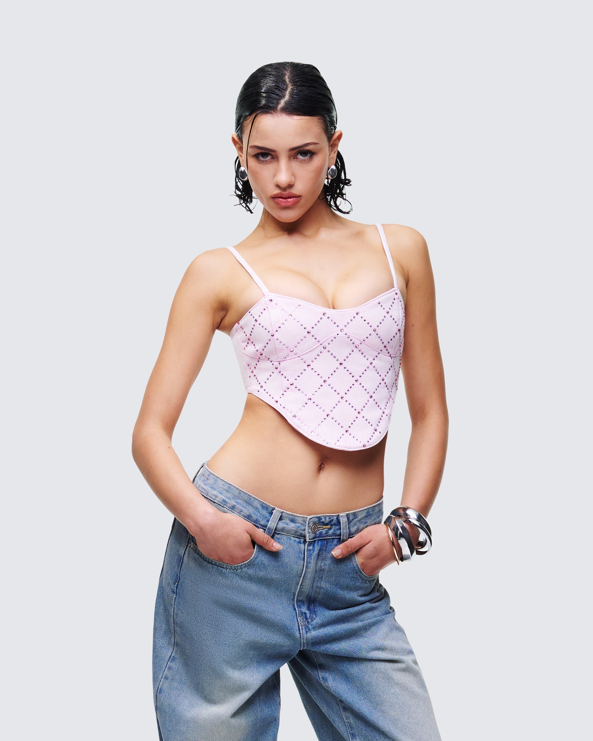 Finesse Viora Pink Acid Denim Diamonte Corset Top