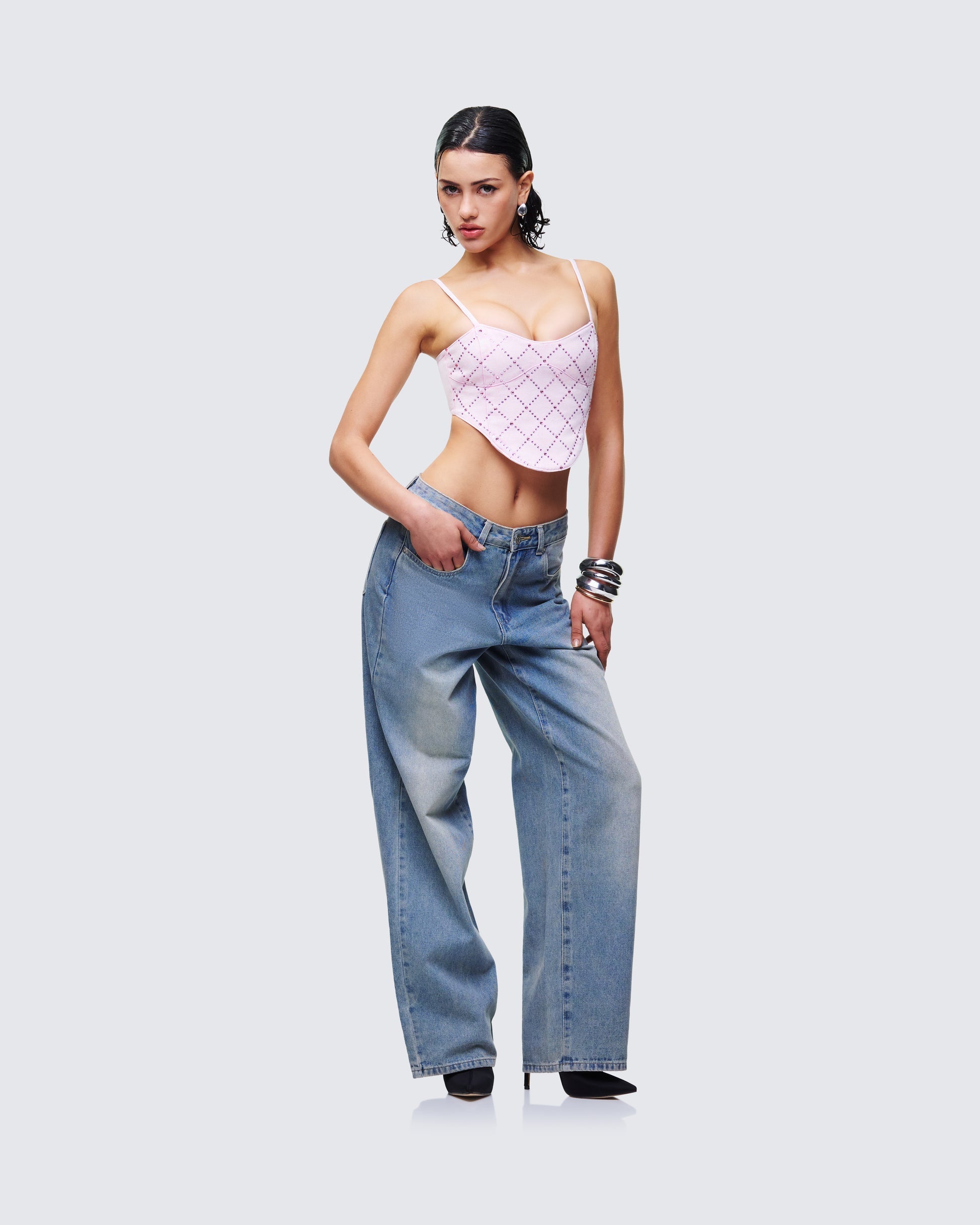 Finesse Viora Pink Acid Denim Diamonte Corset Top
