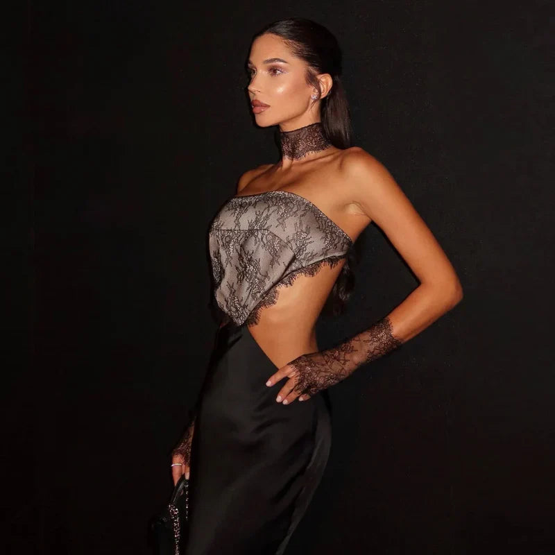 Mermaid Way Watch Me Maxi Dress With Lace Choker And Statement Gloves