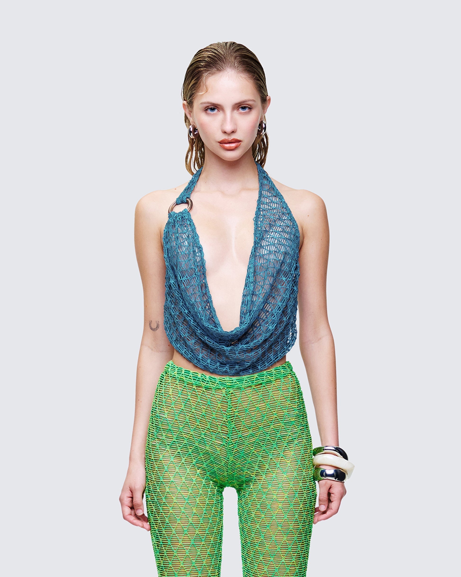 Zayla Blue Net Cowl Neck Top