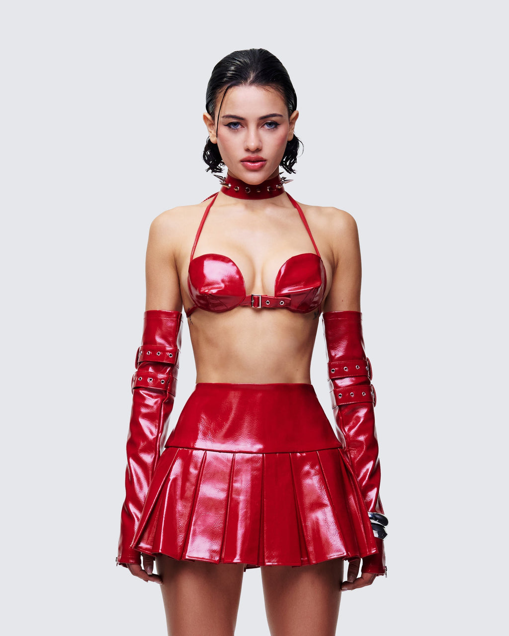 Finesse Zaynah Red Vinyl Cone Cup Bra, Choker & Gloves