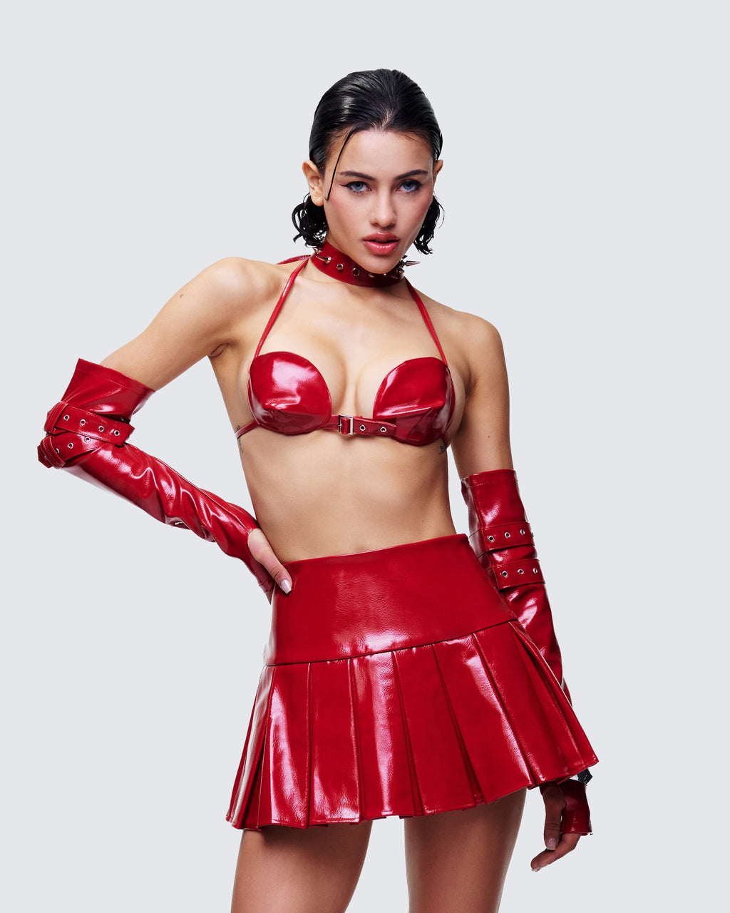 Finesse Zaynah Red Vinyl Cone Cup Bra, Choker & Gloves
