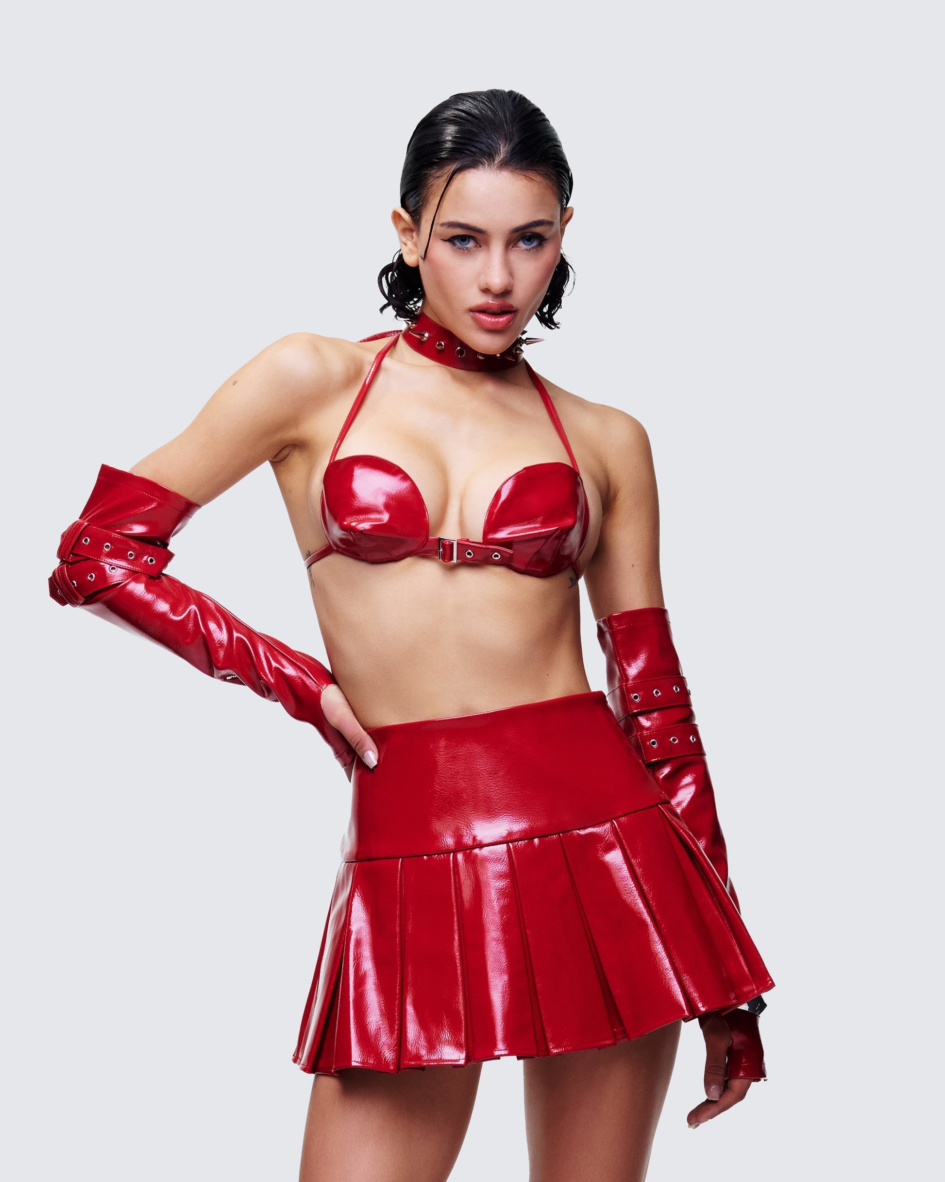 Finesse Zaynah Red Vinyl Cone Cup Bra, Choker & Gloves