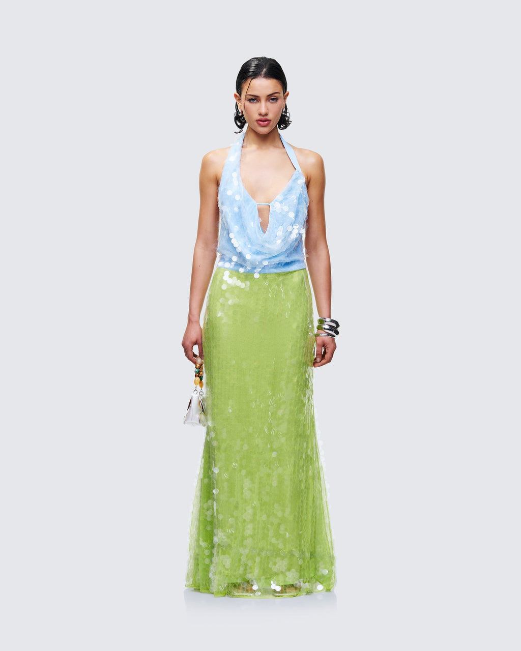 Finesse Zelda Blue Sequin Cowl Neck Maxi Dress