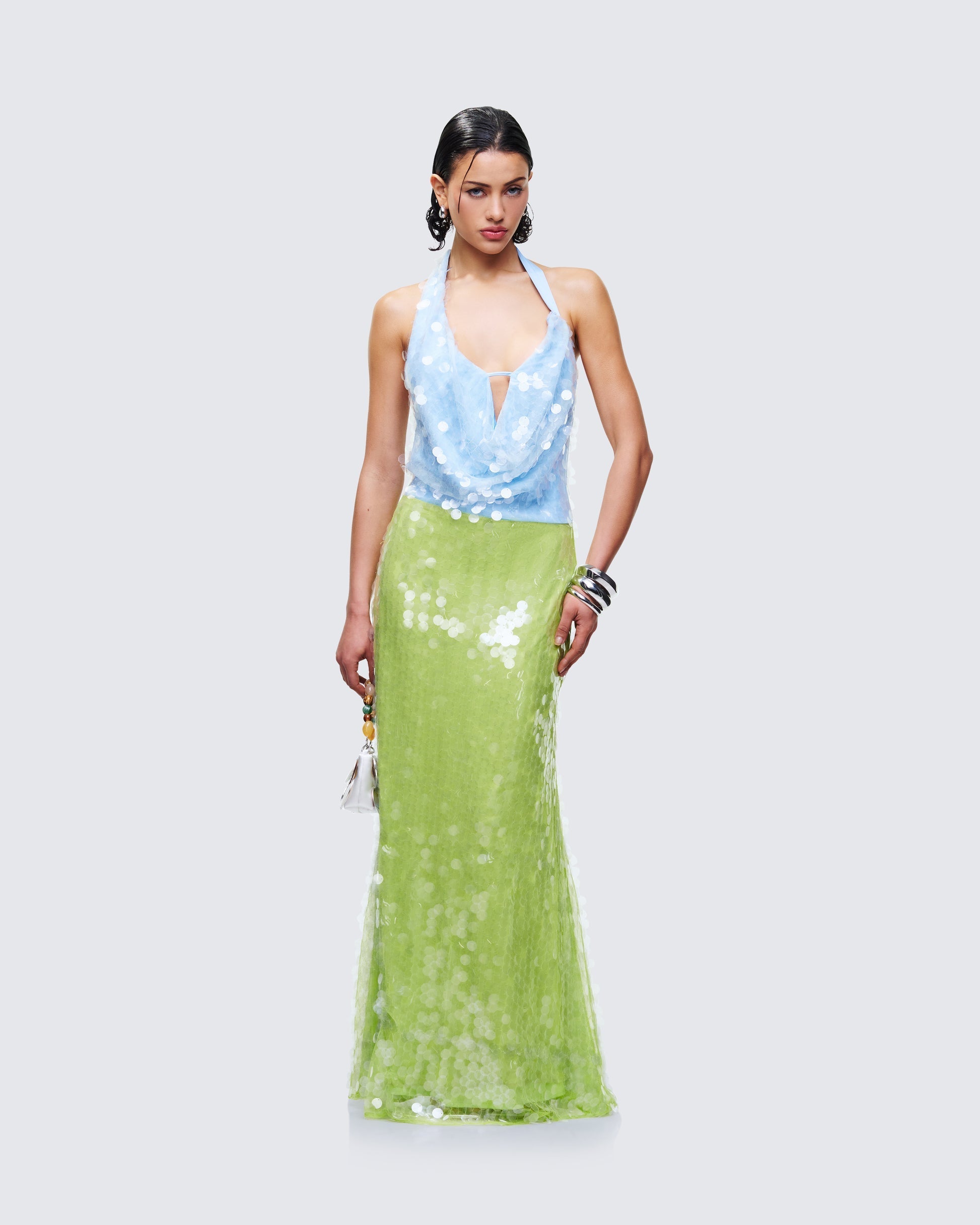 Finesse Zelda Blue Sequin Cowl Neck Maxi Dress