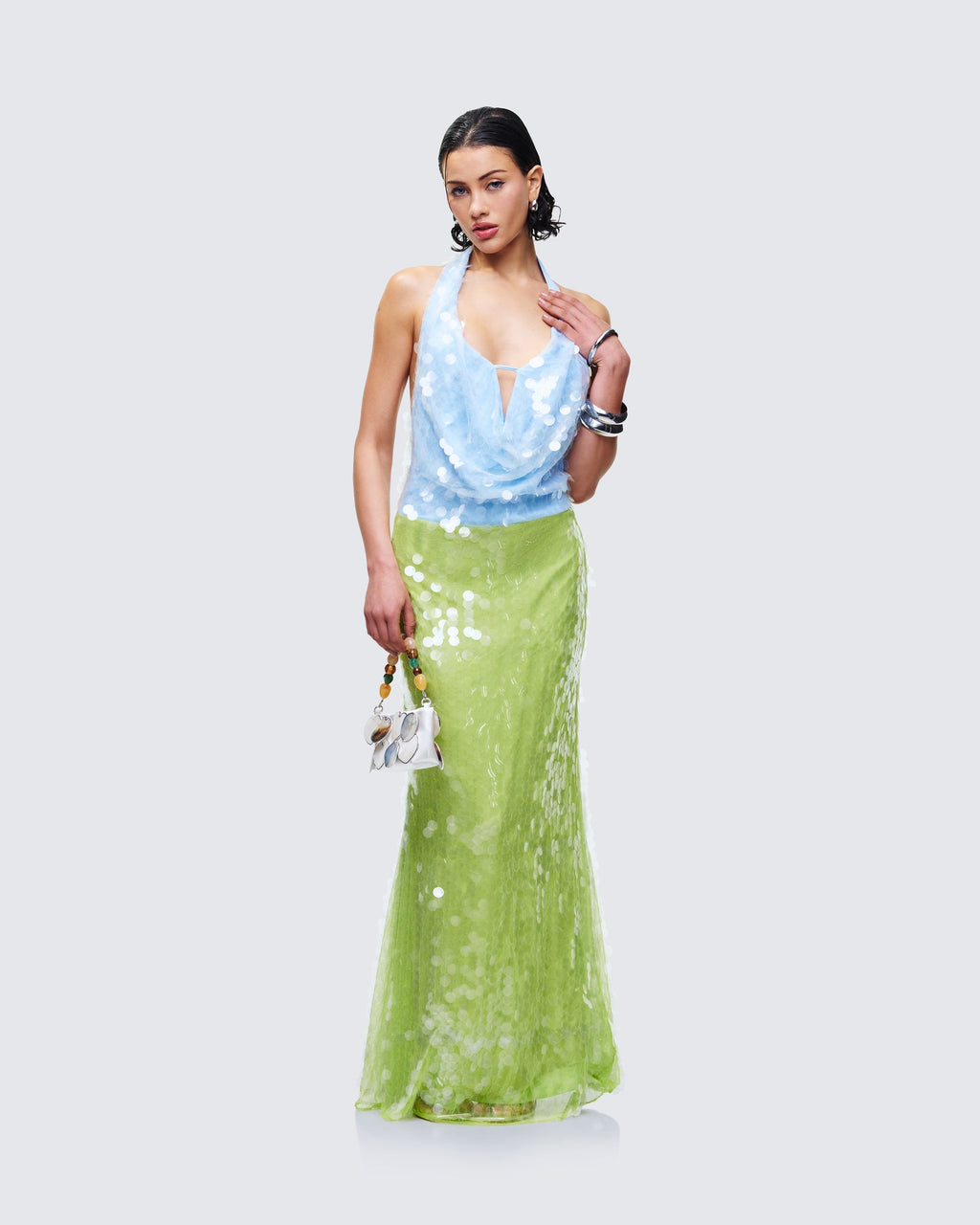 Finesse Zelda Blue Sequin Cowl Neck Maxi Dress