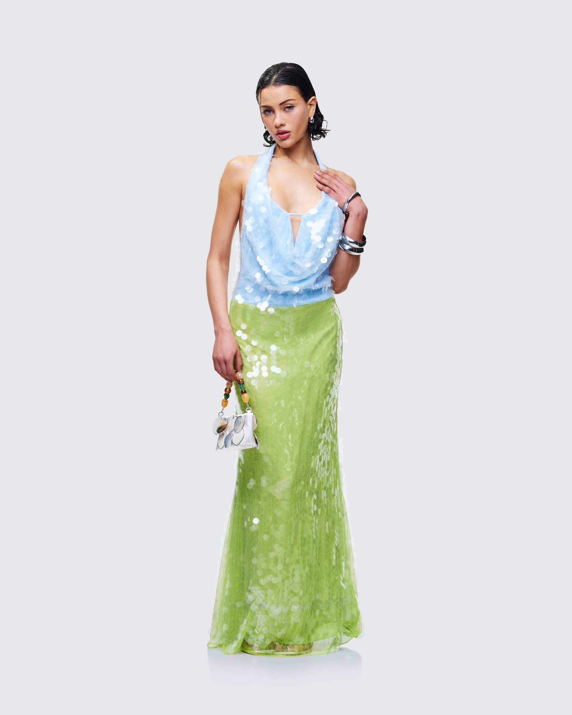 Finesse Zelda Blue Sequin Cowl Neck Maxi Dress