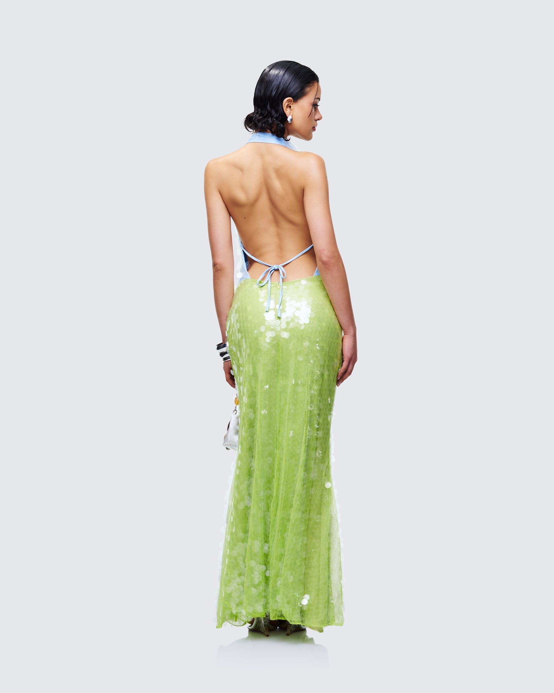 Finesse Zelda Blue Sequin Cowl Neck Maxi Dress