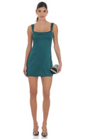 Lucy In The Sky Satin Shift Dress in Teal