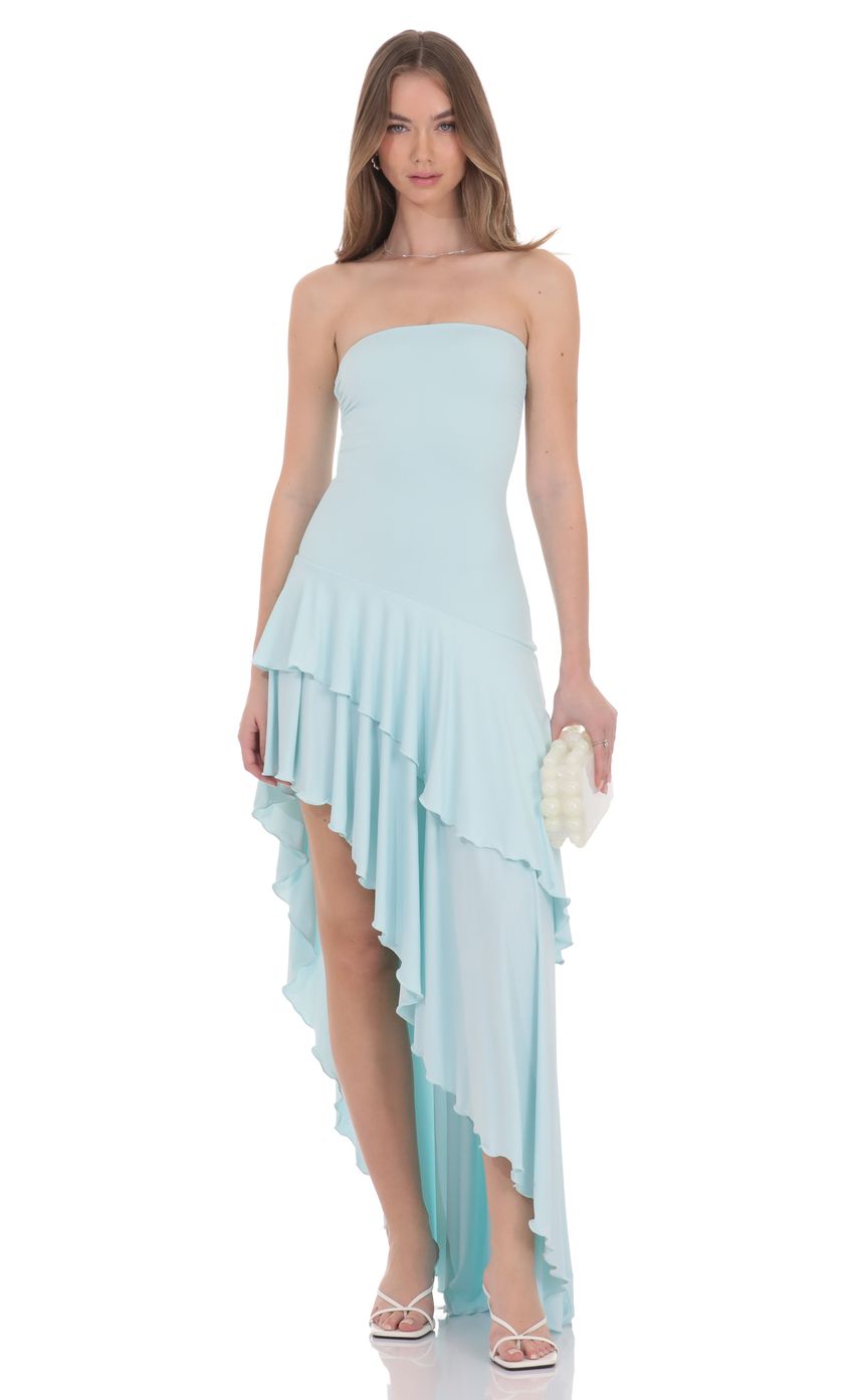 Lucy In The Sky Strapless Ruffle Asymmetrical Maxi Dress in Mint
