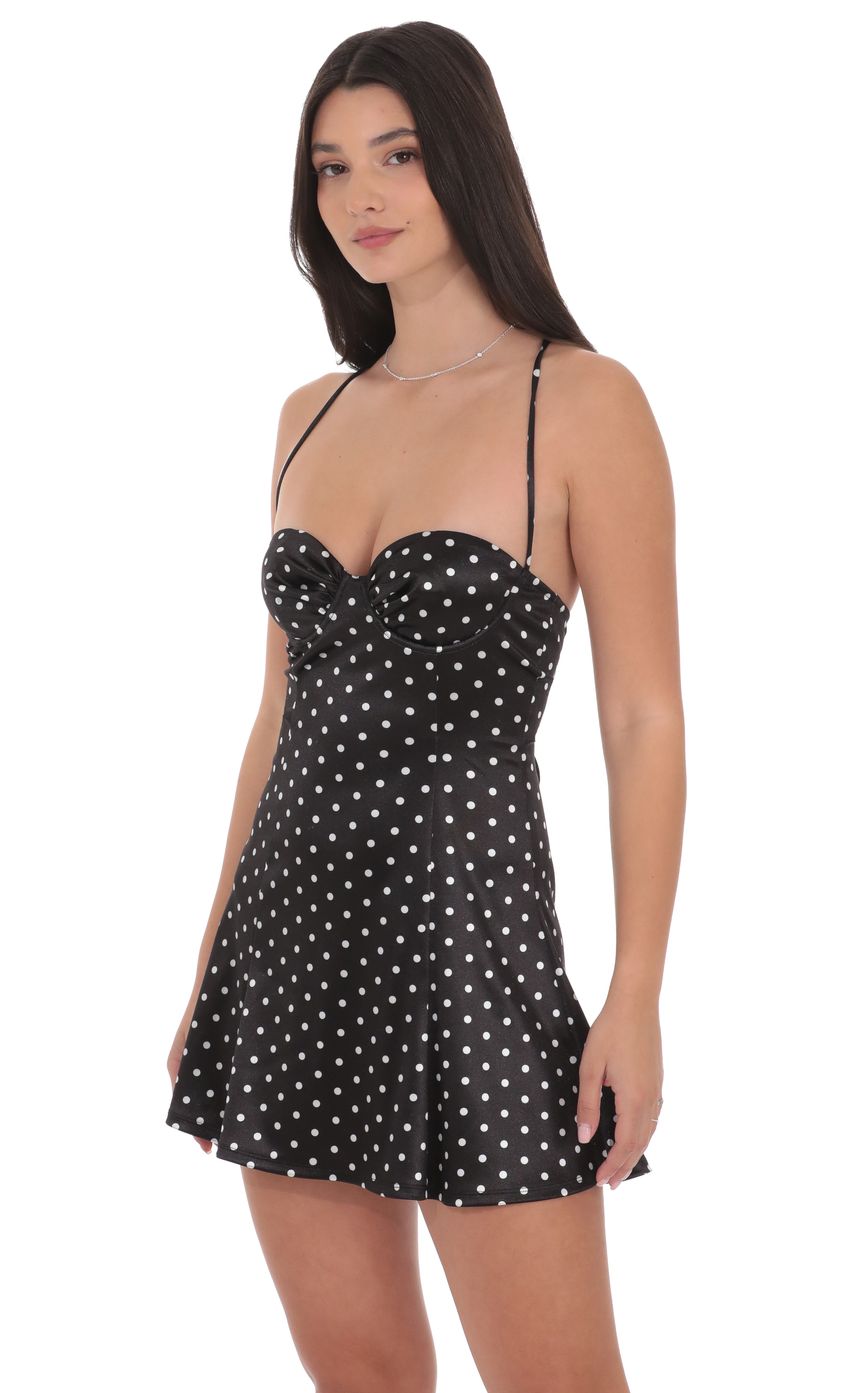 Lucy In The Sky Polka Dot Satin Fit and Flare Dress in Black