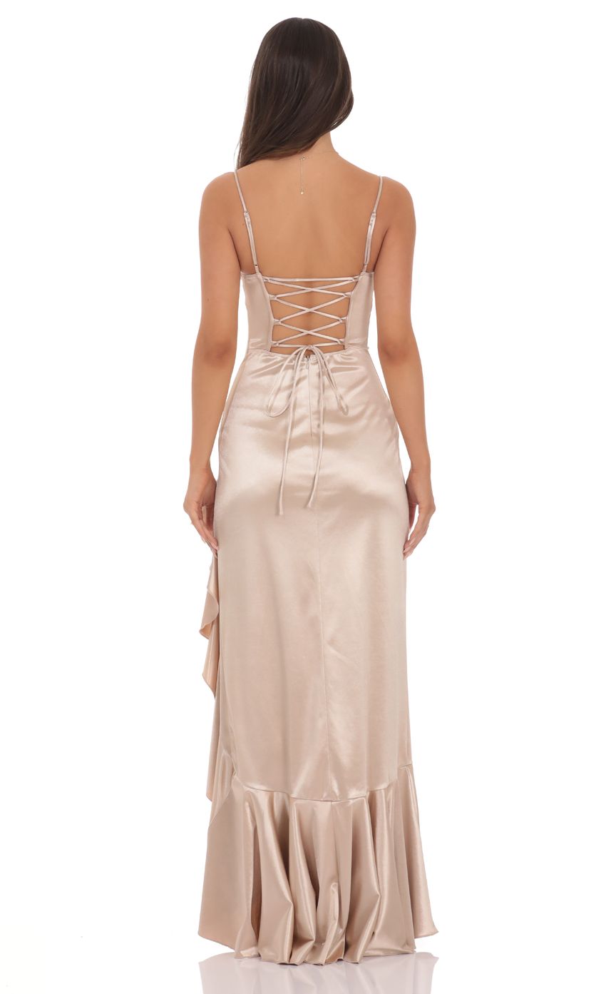 Lucy In The Sky Satin Ruffle Maxi Dress in Champagne