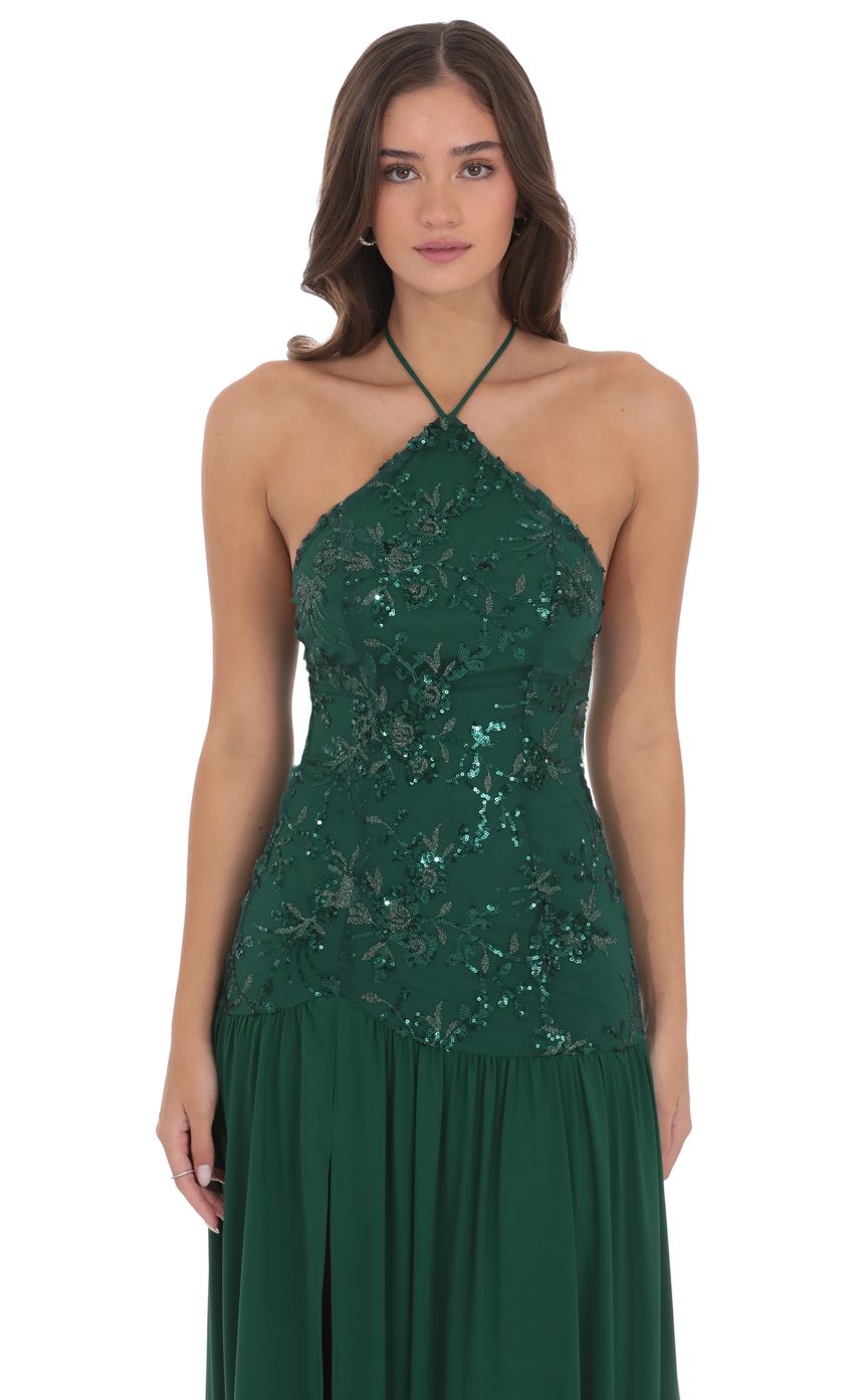 Lucy In The Sky Drop Waist Sequin Maxi Dress in Green