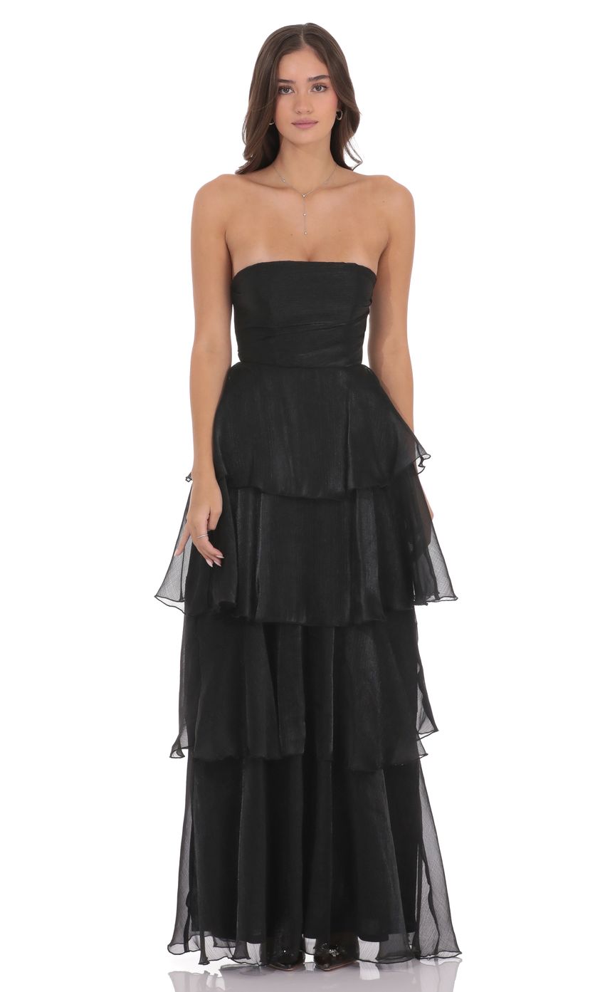 Lucy In The Sky Corset Ruffle Strapless Maxi Dress in Black